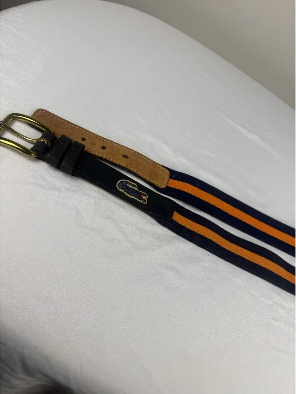 Vintage Lacoste Belt Mens 34 Navy Orange Stripe Webbing Leather Crocodile Preppy